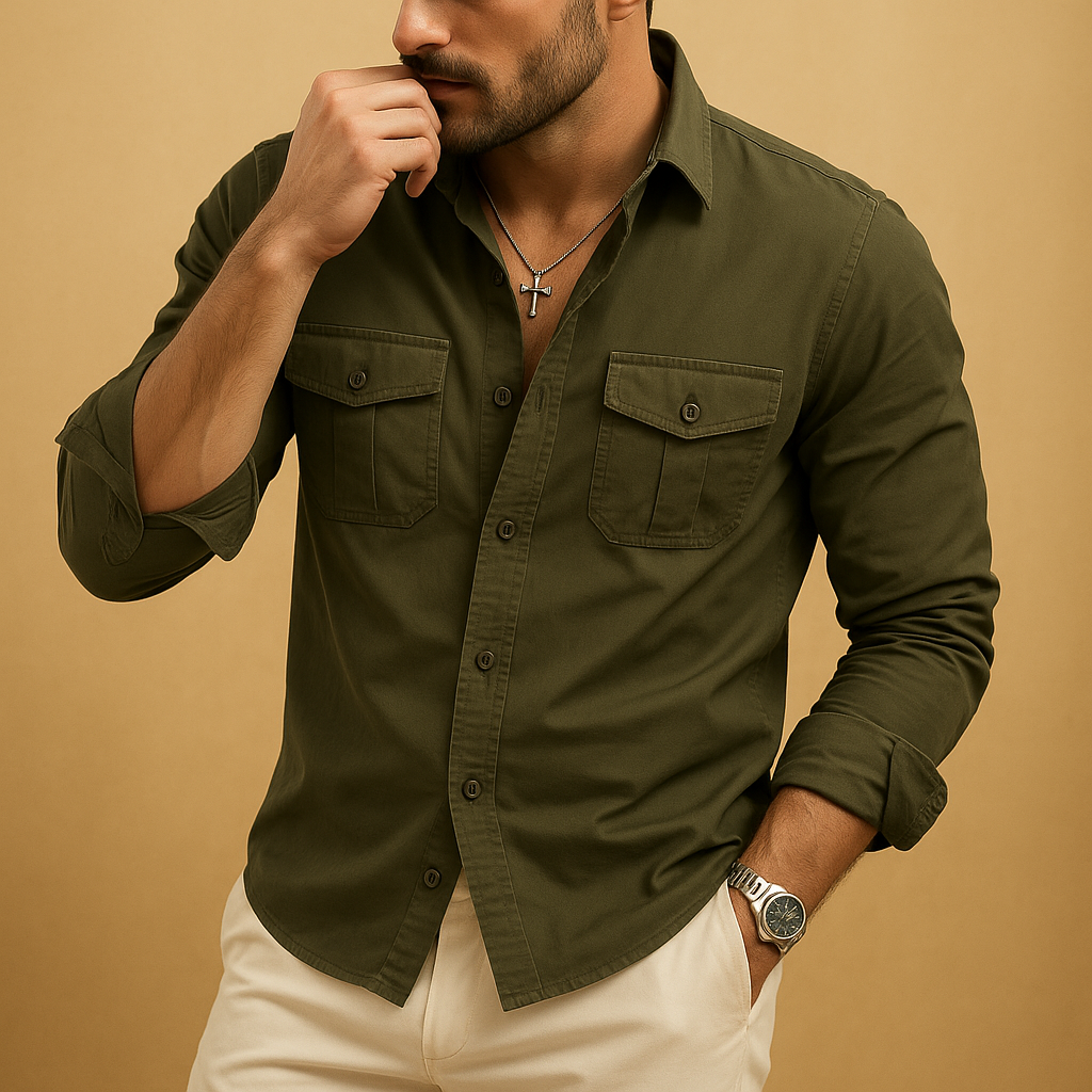 Classic men’s shirt with revere collar and chest pocket, available in khaki, black, grey, white, and army green for formal or casual wear.