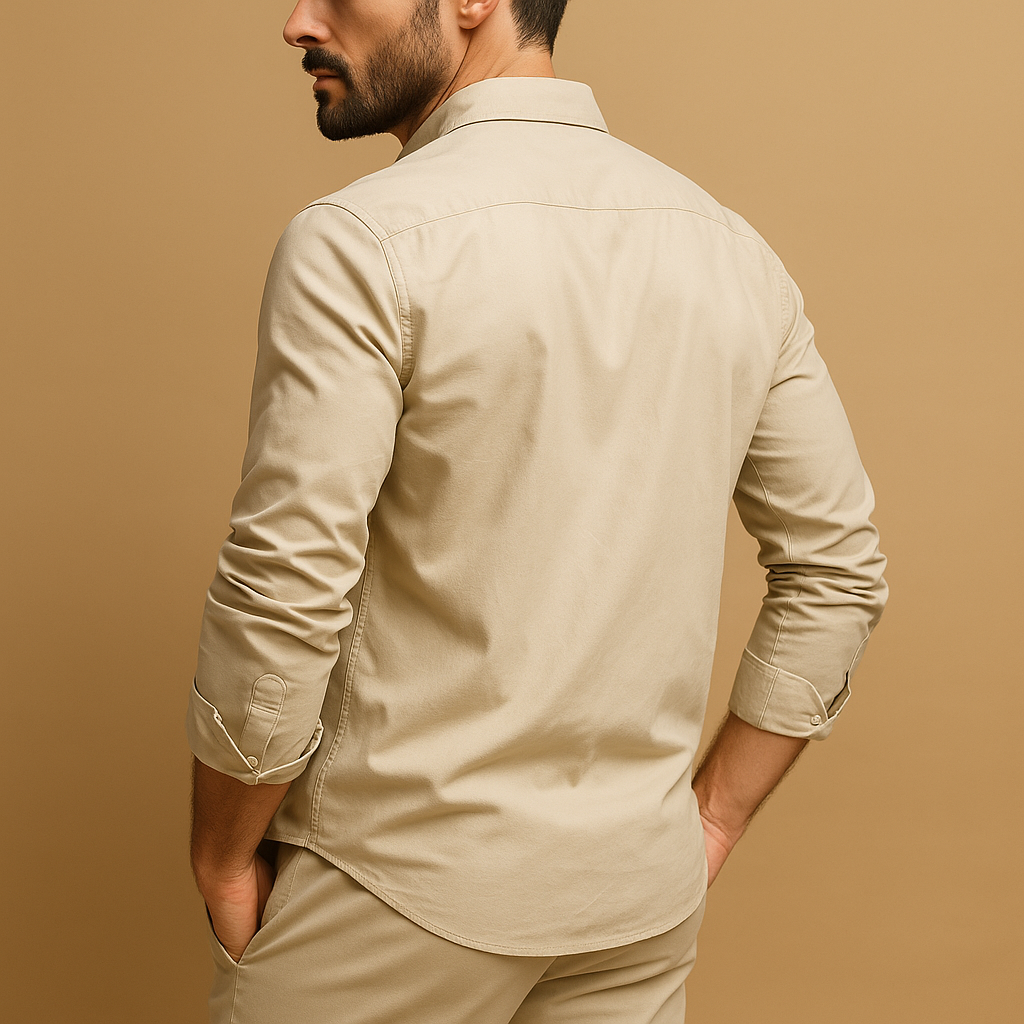 Classic men’s shirt with revere collar and chest pocket, available in khaki, black, grey, white, and army green for formal or casual wear.
