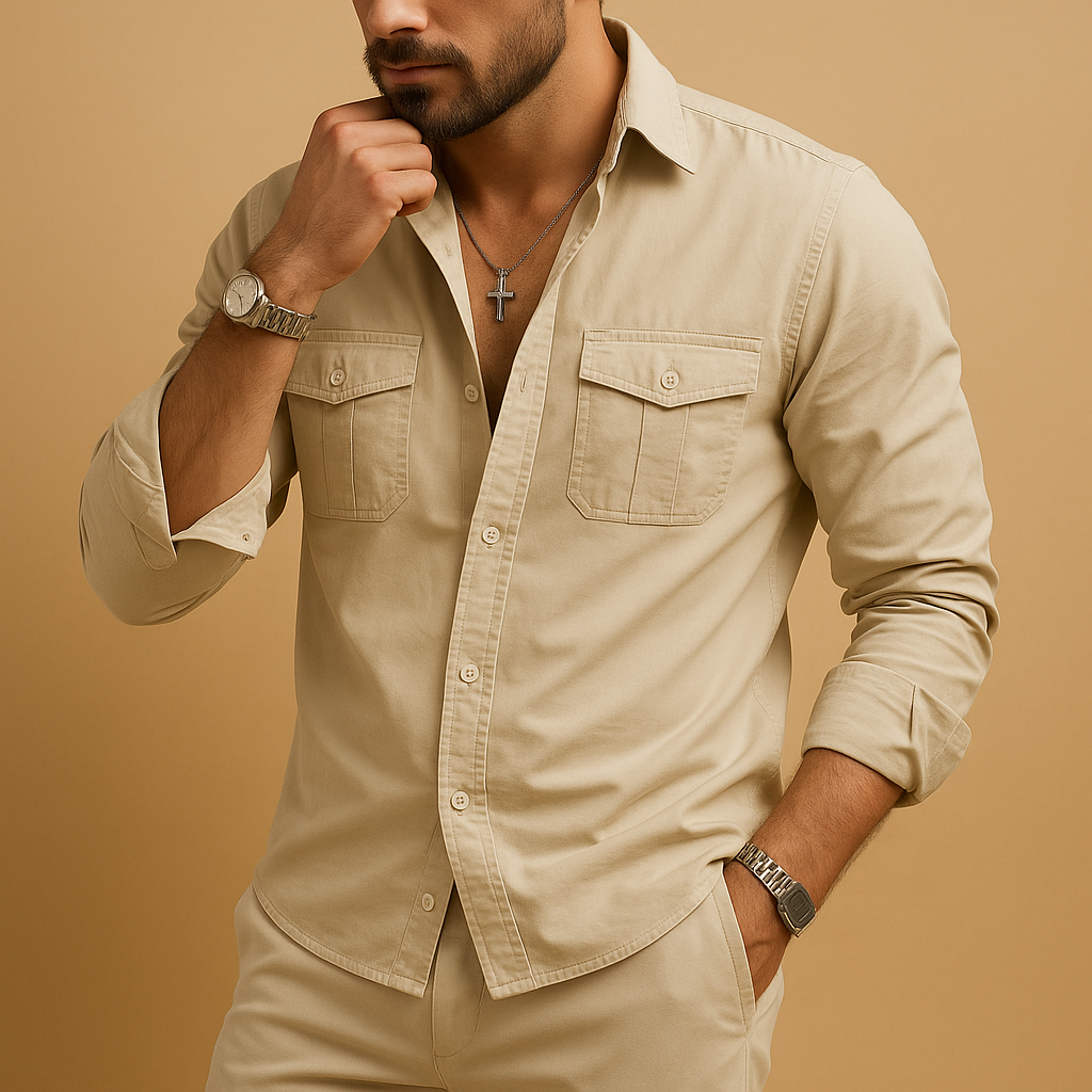 Classic men’s shirt with revere collar and chest pocket, available in khaki, black, grey, white, and army green for formal or casual wear.