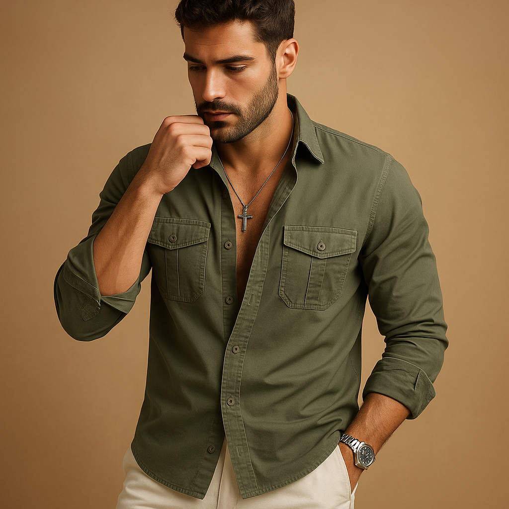 Classic men’s shirt with revere collar and chest pocket, available in khaki, black, grey, white, and army green for formal or casual wear.