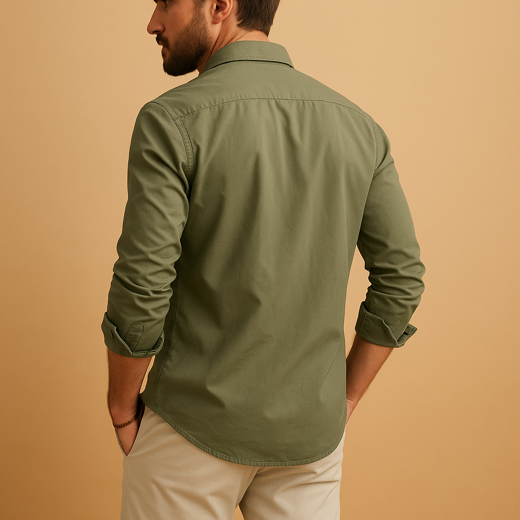 Classic men’s shirt with revere collar and chest pocket, available in khaki, black, grey, white, and army green for formal or casual wear.
