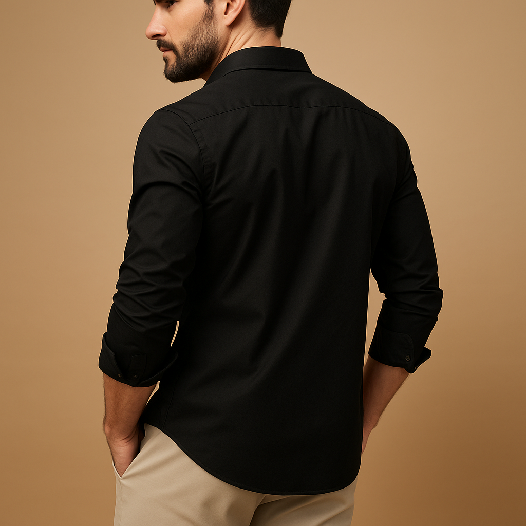 Classic men’s shirt with revere collar and chest pocket, available in khaki, black, grey, white, and army green for formal or casual wear.