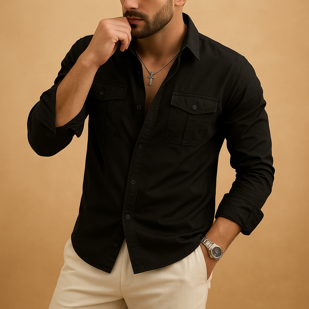 Classic men’s shirt with revere collar and chest pocket, available in khaki, black, grey, white, and army green for formal or casual wear.