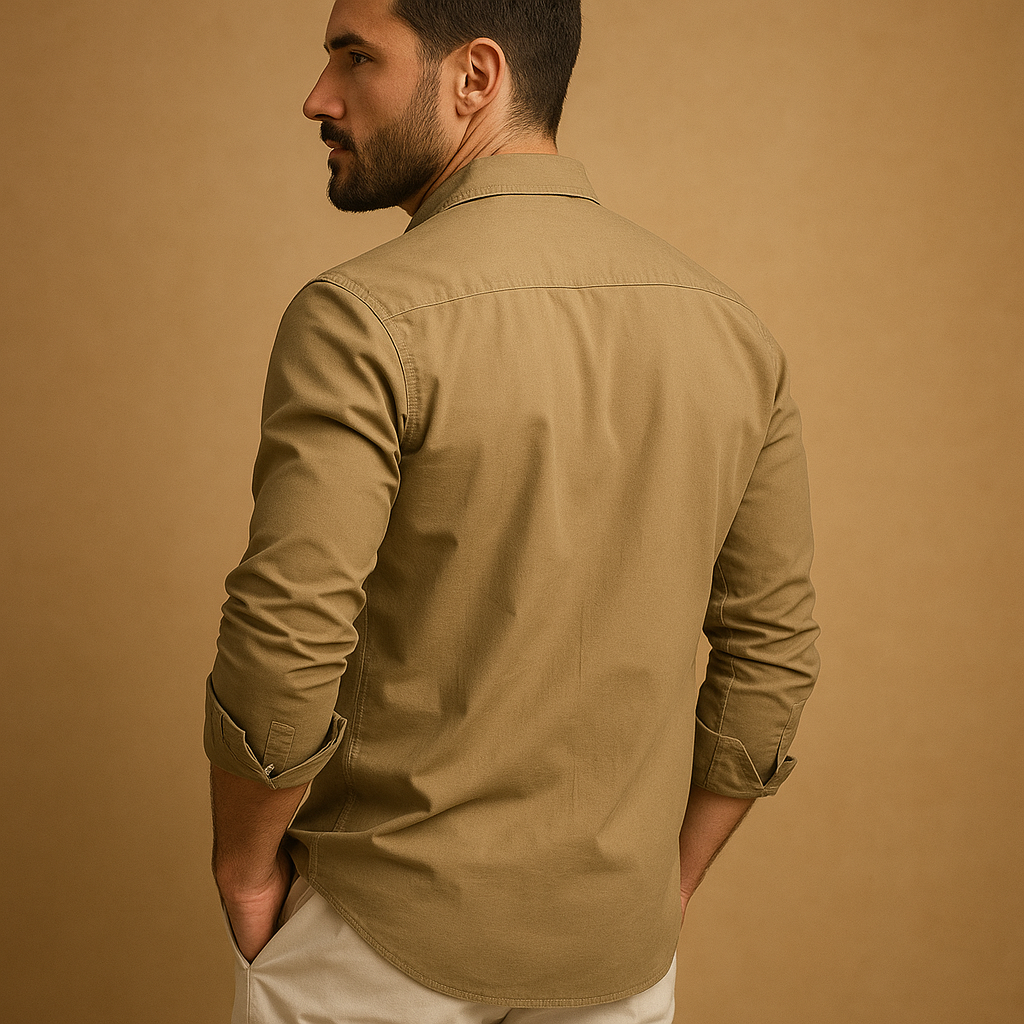 Classic men’s shirt with revere collar and chest pocket, available in khaki, black, grey, white, and army green for formal or casual wear.