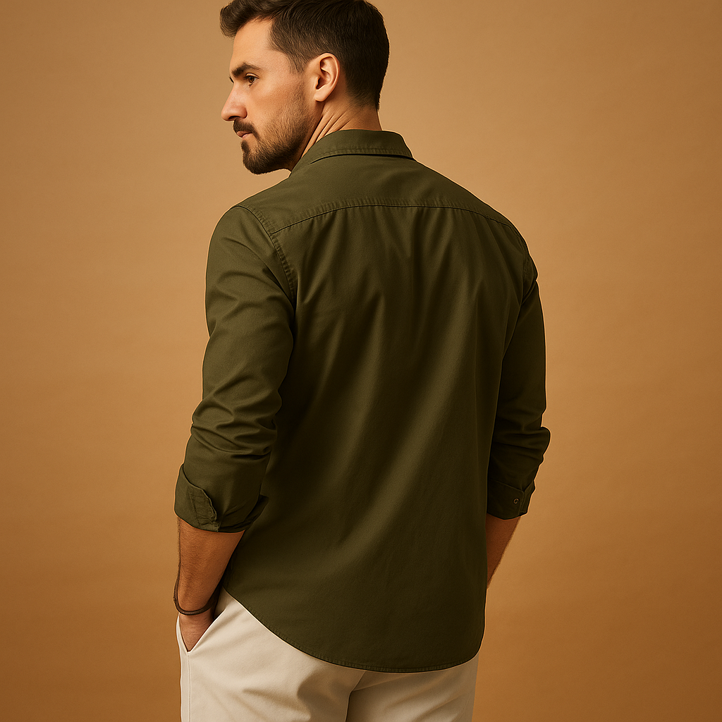 Classic men’s shirt with revere collar and chest pocket, available in khaki, black, grey, white, and army green for formal or casual wear.