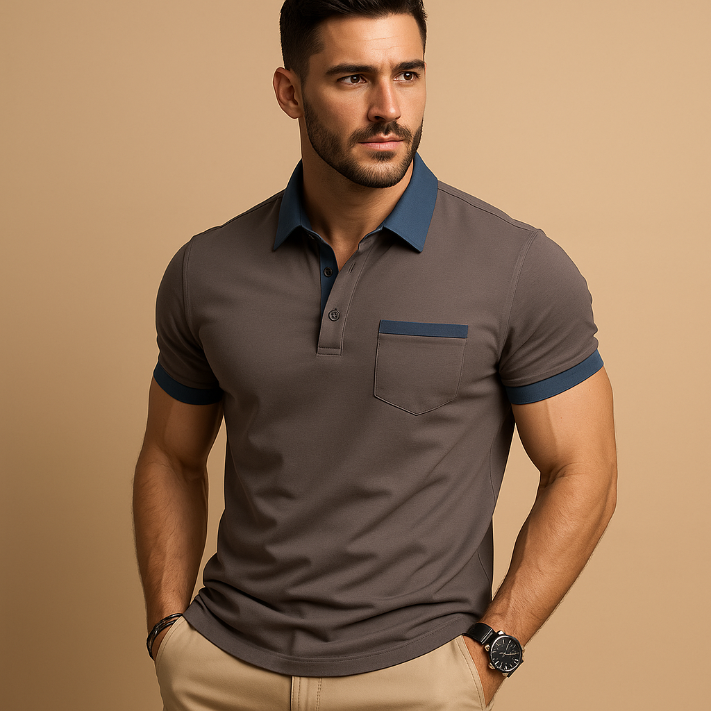Men’s classic short sleeve polo shirt with breathable fabric, collar, and button closure, available in navy, apricot, sky blue, dark grey, black, and white.
