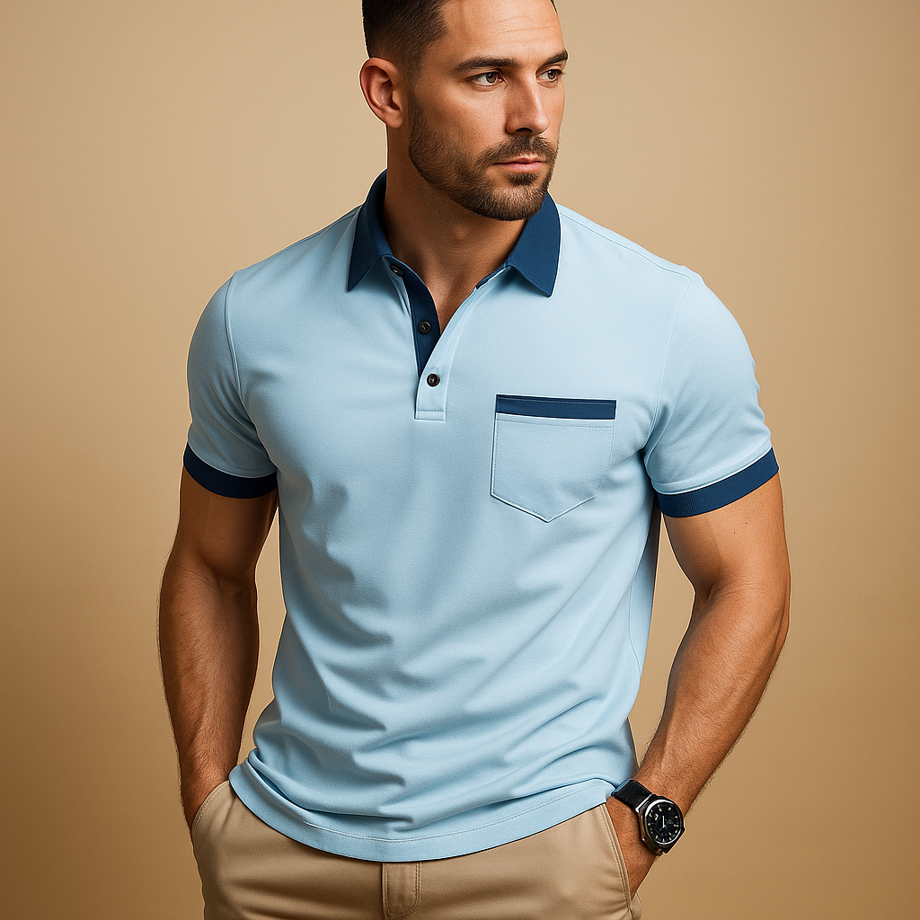Men’s classic short sleeve polo shirt with breathable fabric, collar, and button closure, available in navy, apricot, sky blue, dark grey, black, and white.
