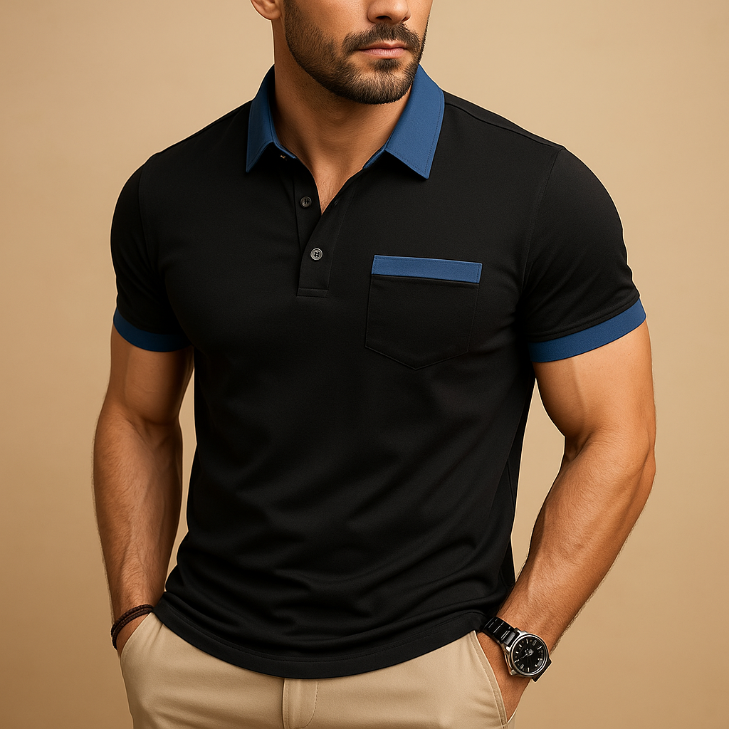 Men’s classic short sleeve polo shirt with breathable fabric, collar, and button closure, available in navy, apricot, sky blue, dark grey, black, and white.