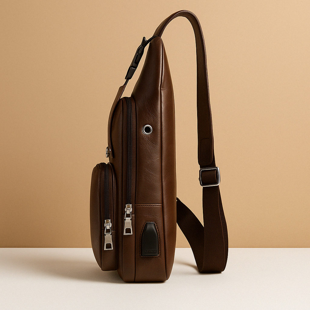 Men’s classy leather anti-theft crossbody bag with USB charging port, sleek design, and multiple compartments for travel and city use