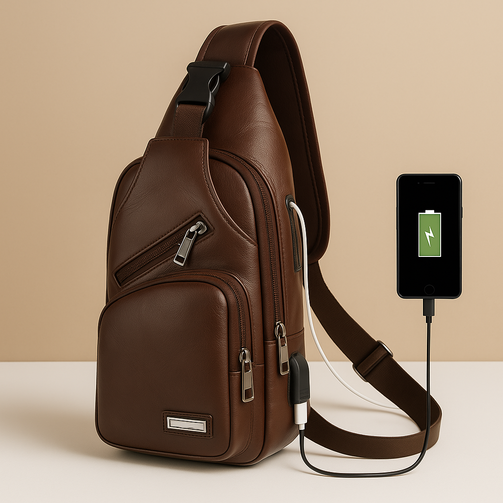 Men’s classy leather anti-theft crossbody bag with USB charging port, sleek design, and multiple compartments for travel and city use