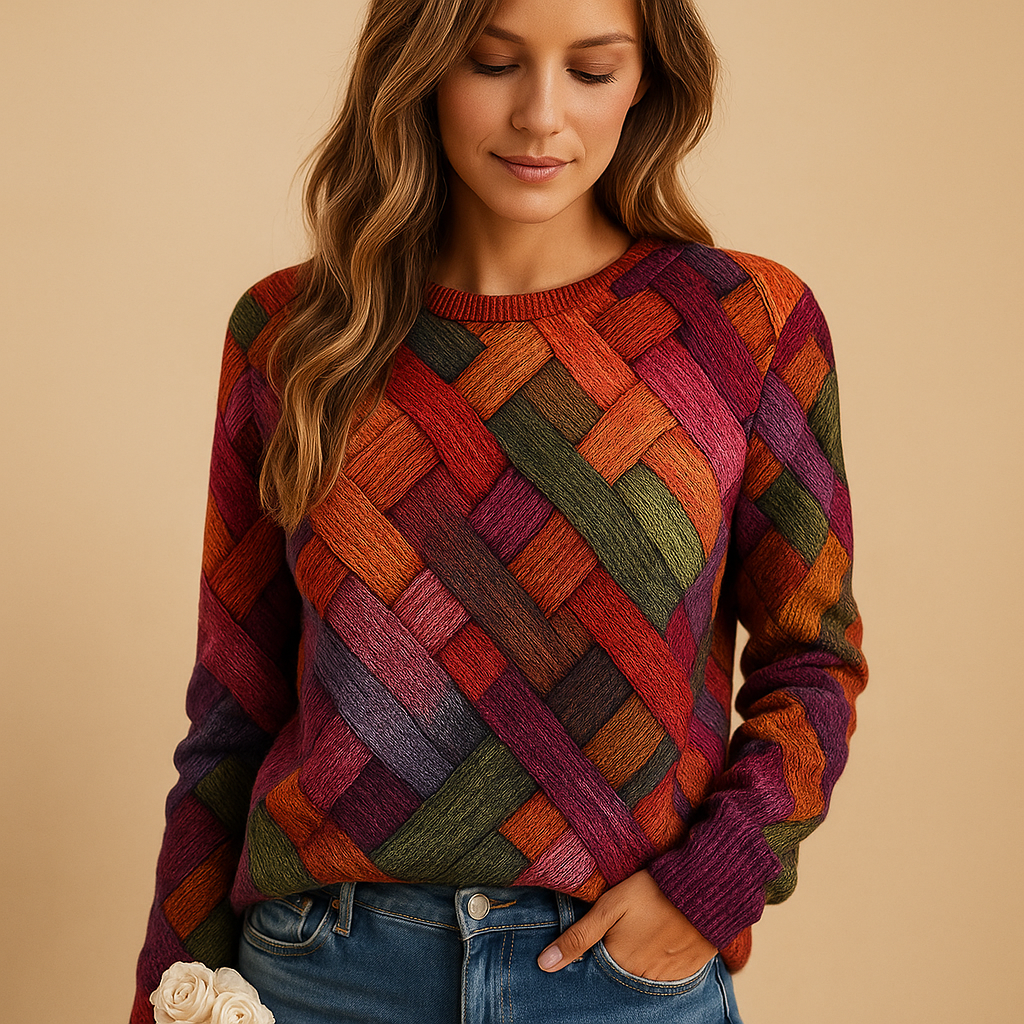 Colorful knit sweater for women with printed design and soft breathable fabric, ideal for casual outfits and everyday style in multiple color options.