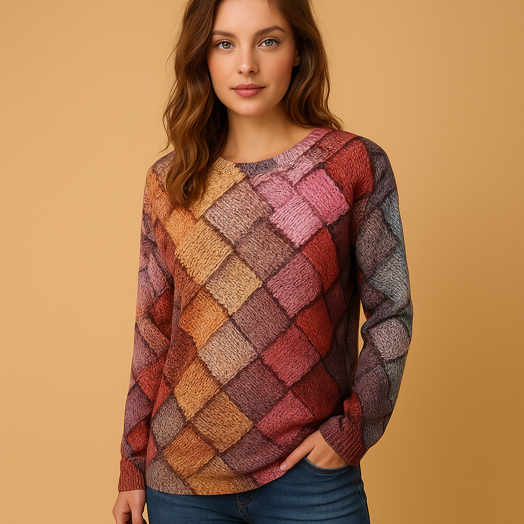 Colorful knit sweater for women with printed design and soft breathable fabric, ideal for casual outfits and everyday style in multiple color options.