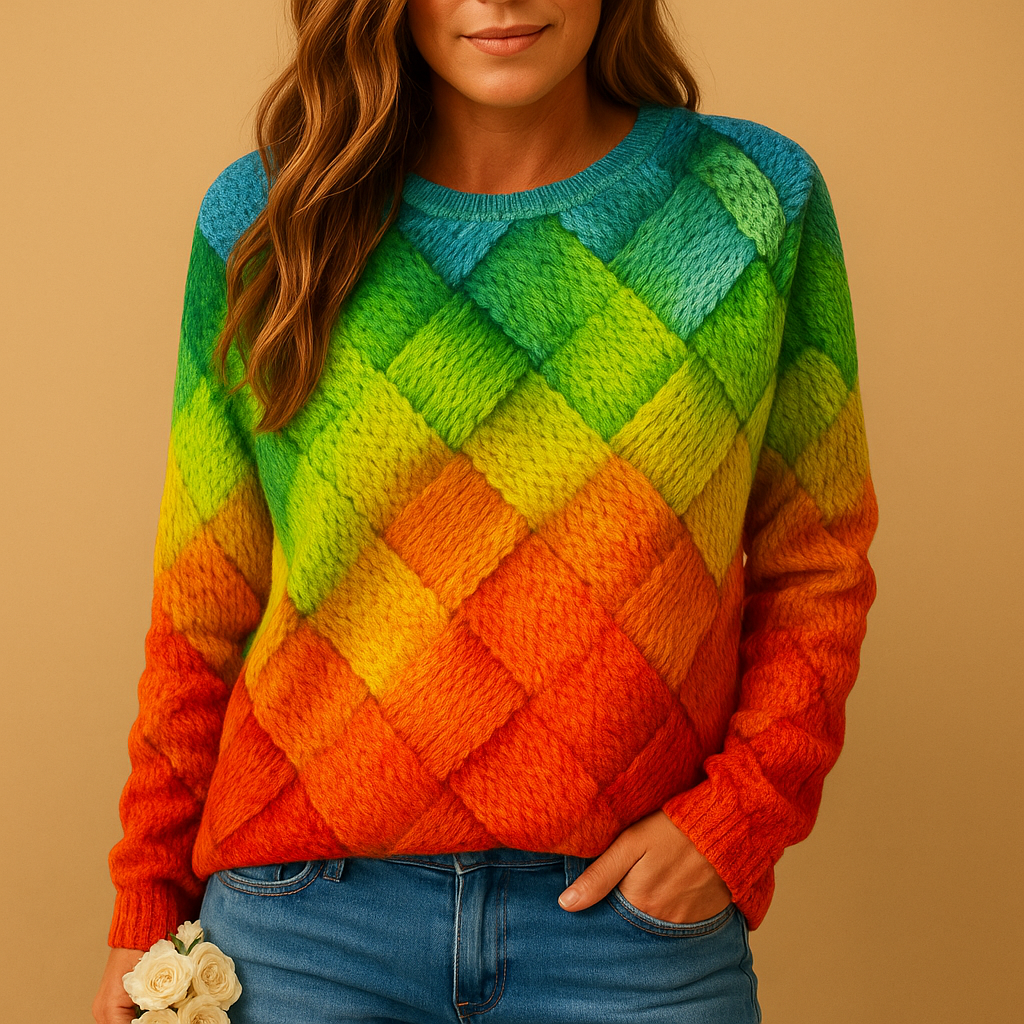 Colorful knit sweater for women with printed design and soft breathable fabric, ideal for casual outfits and everyday style in multiple color options.