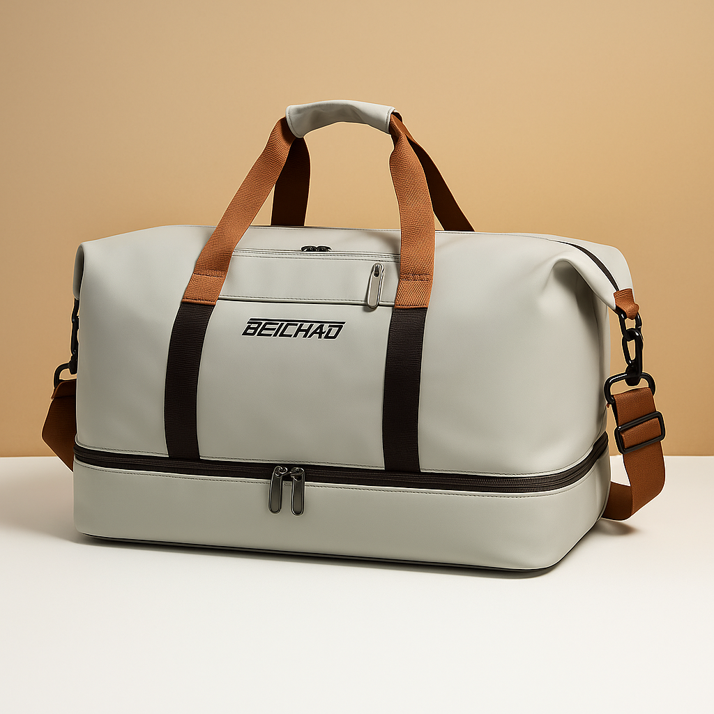Women’s water-resistant commuter duffle bag with separate shoe compartment, zippered pockets, and ergonomic design for short trips.