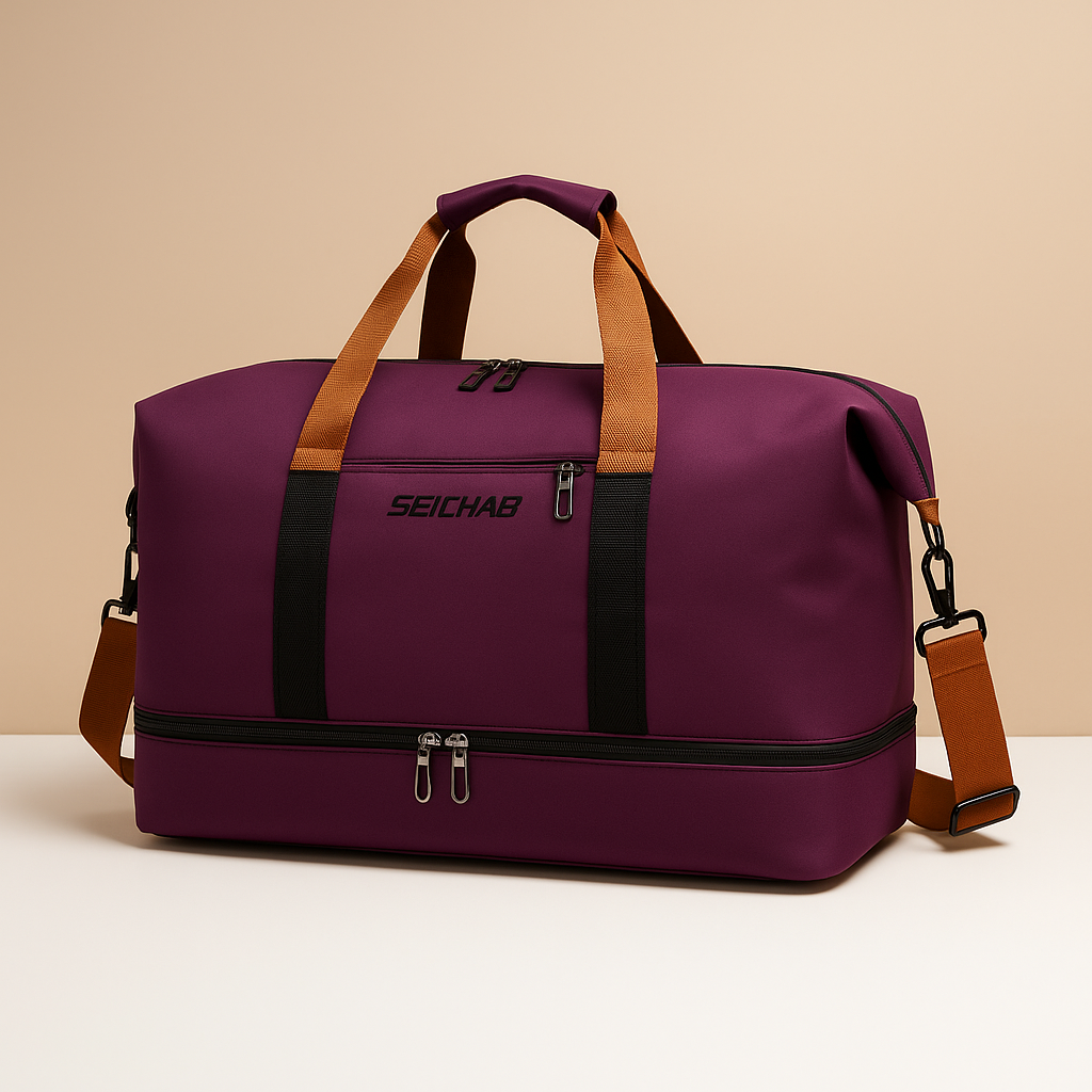 Women’s water-resistant commuter duffle bag with separate shoe compartment, zippered pockets, and ergonomic design for short trips.