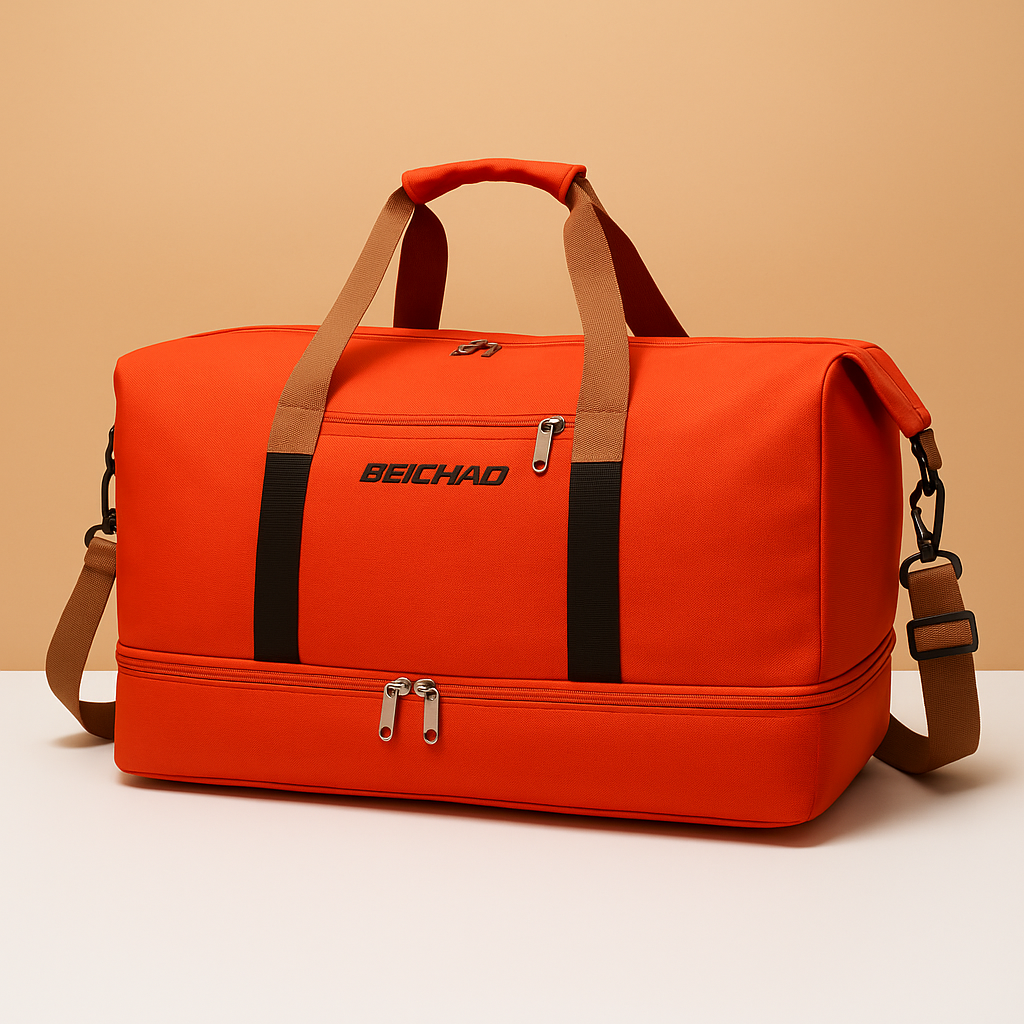 Women’s water-resistant commuter duffle bag with separate shoe compartment, zippered pockets, and ergonomic design for short trips.