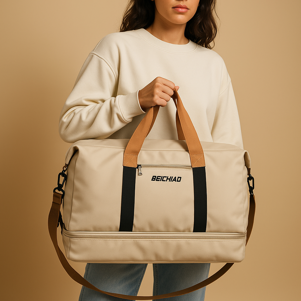 Women’s water-resistant commuter duffle bag with separate shoe compartment, zippered pockets, and ergonomic design for short trips.