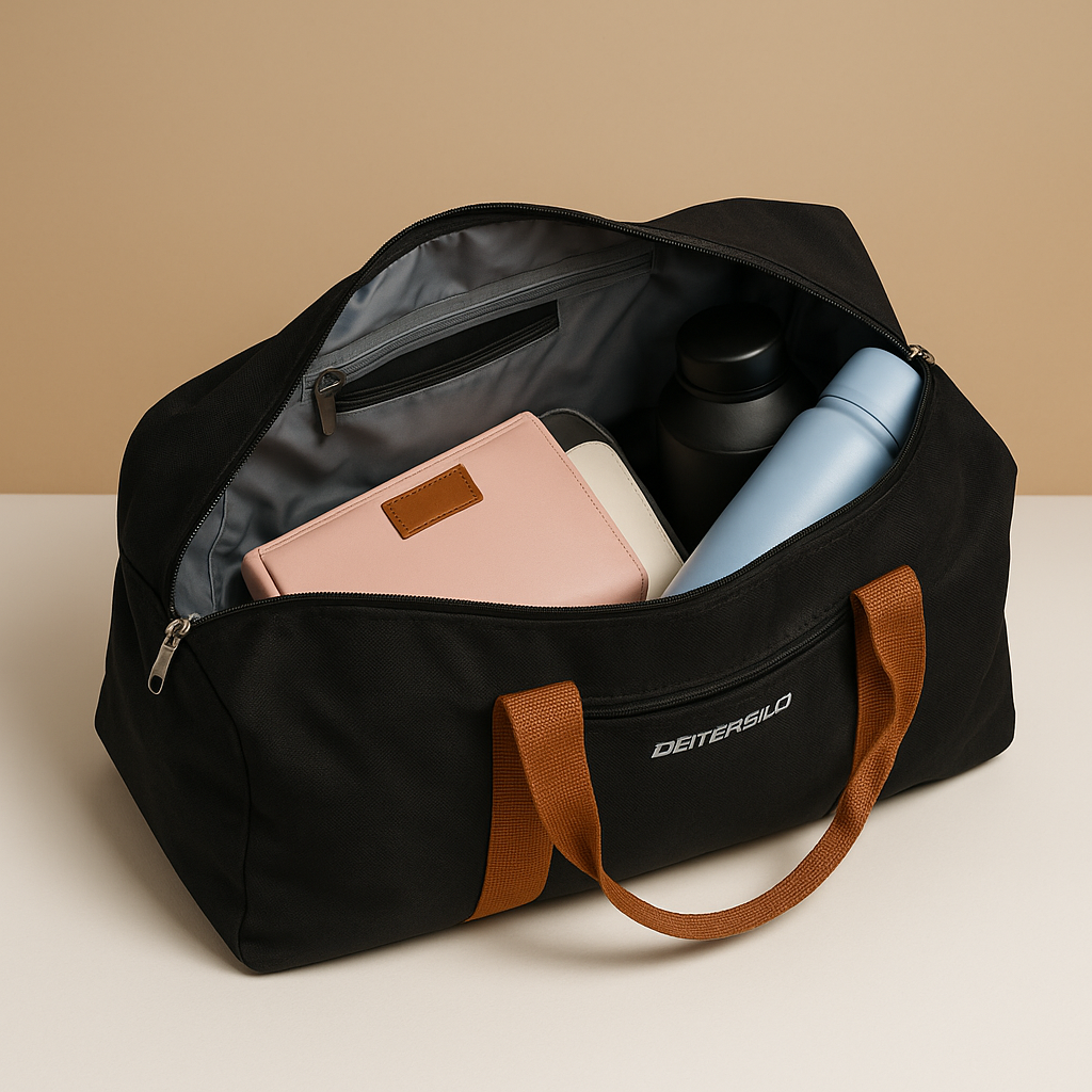 Women’s water-resistant commuter duffle bag with separate shoe compartment, zippered pockets, and ergonomic design for short trips.