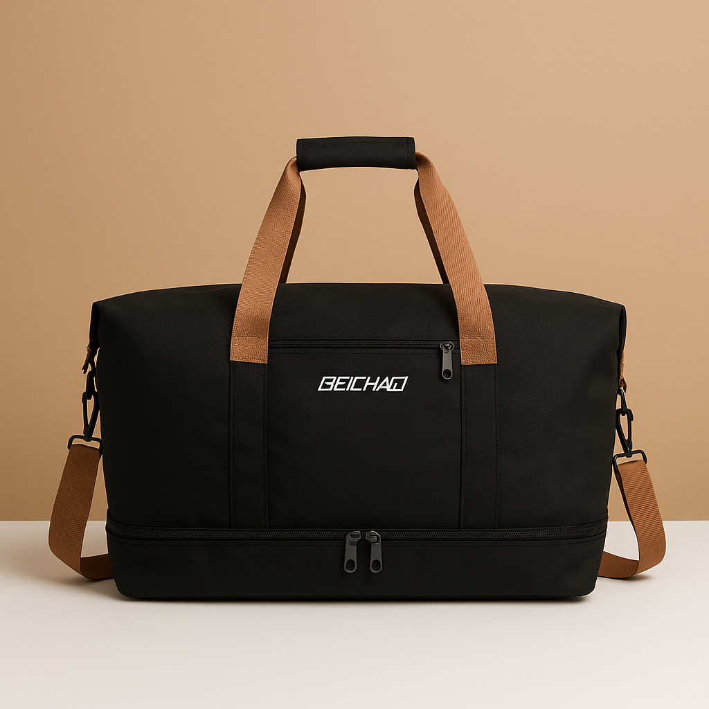 Women’s water-resistant commuter duffle bag with separate shoe compartment, zippered pockets, and ergonomic design for short trips.