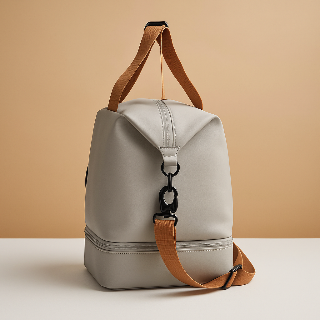 Women’s water-resistant commuter duffle bag with separate shoe compartment, zippered pockets, and ergonomic design for short trips.