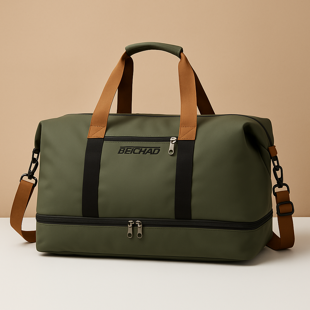 Women’s water-resistant commuter duffle bag with separate shoe compartment, zippered pockets, and ergonomic design for short trips.