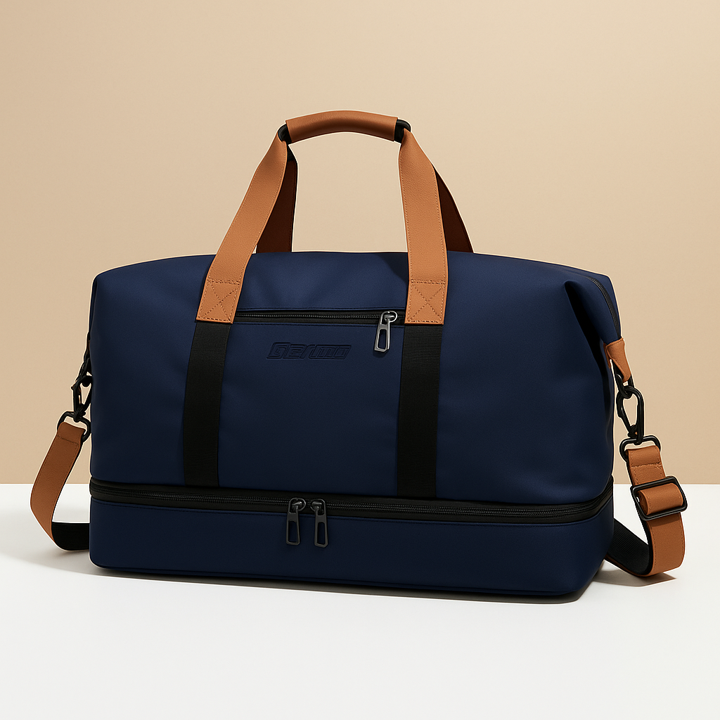 Women’s water-resistant commuter duffle bag with separate shoe compartment, zippered pockets, and ergonomic design for short trips.