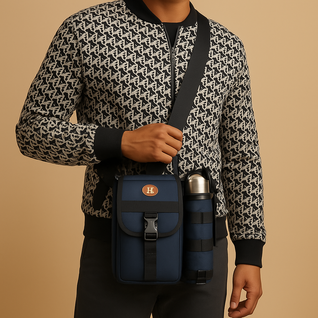 Men’s compact crossbody travel bag with water bottle holder, anti-theft pocket, and adjustable strap for secure and hands-free exploring.