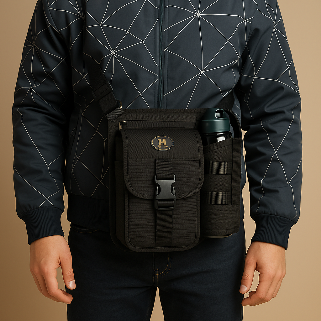 Men’s compact crossbody travel bag with water bottle holder, anti-theft pocket, and adjustable strap for secure and hands-free exploring.