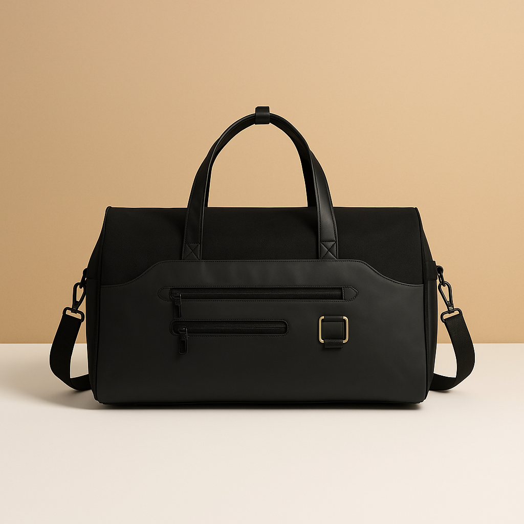 Convertible garment duffle bag for men with backpack straps, water-resistant material, and wrinkle-free suit compartment for travel and gym use.