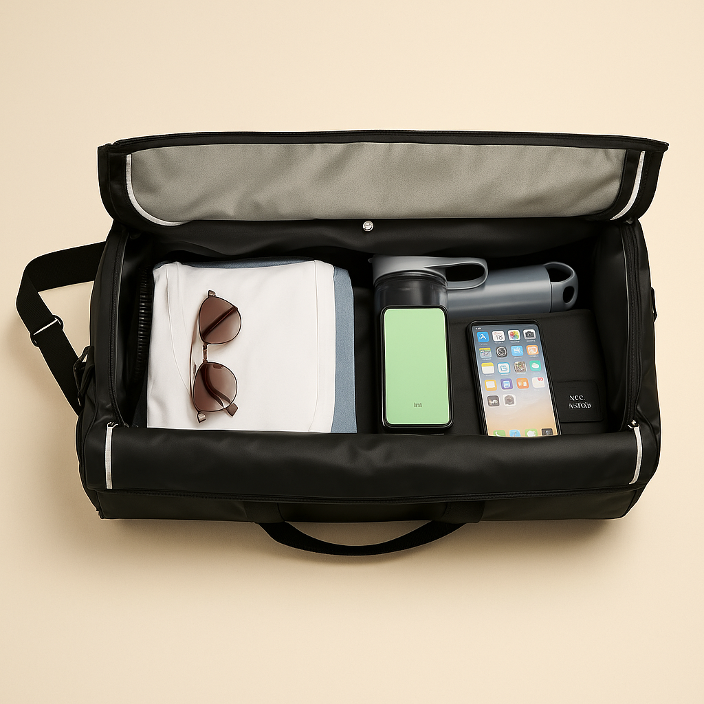 Convertible suit and duffle bag for men with wrinkle-free garment storage, water-resistant Oxford fabric, and multiple carrying options for travel.