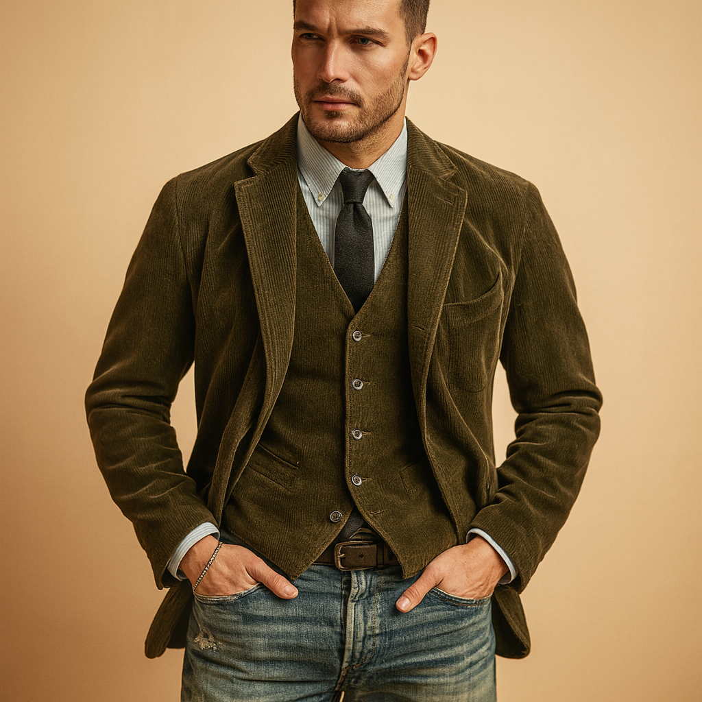 Stylish men’s corduroy jacket with retro charm and practical pockets, perfect for autumn and winter casual or formal wear.