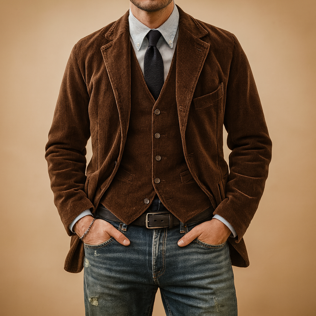 Stylish men’s corduroy jacket with retro charm and practical pockets, perfect for autumn and winter casual or formal wear.