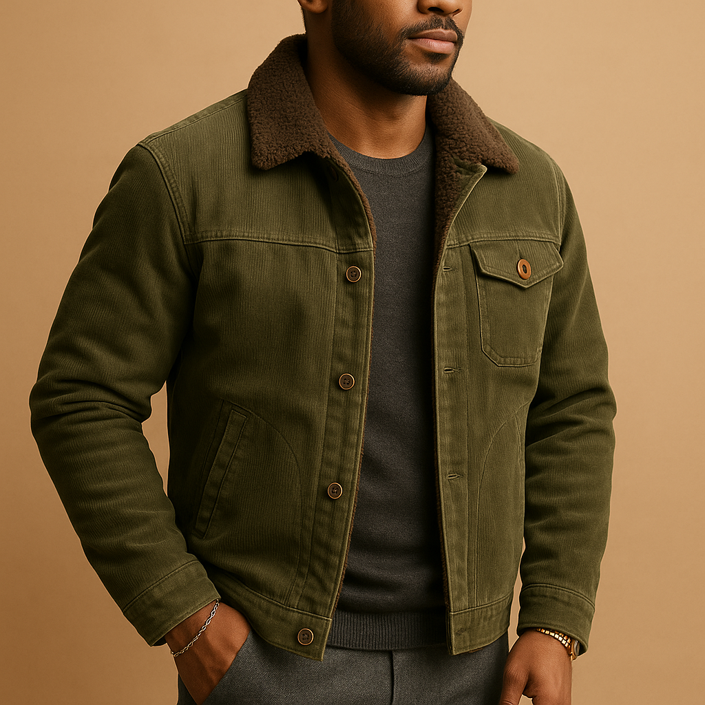 Men’s corduroy jacket with slim modern fit in khaki, coffee, green, or grey—ideal for stylish layering in casual and formal settings