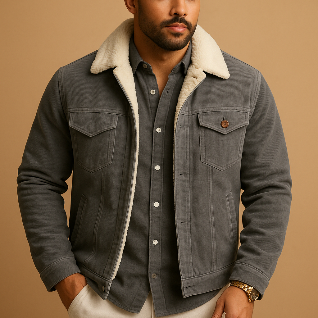 Men’s corduroy jacket with slim modern fit in khaki, coffee, green, or grey—ideal for stylish layering in casual and formal settings