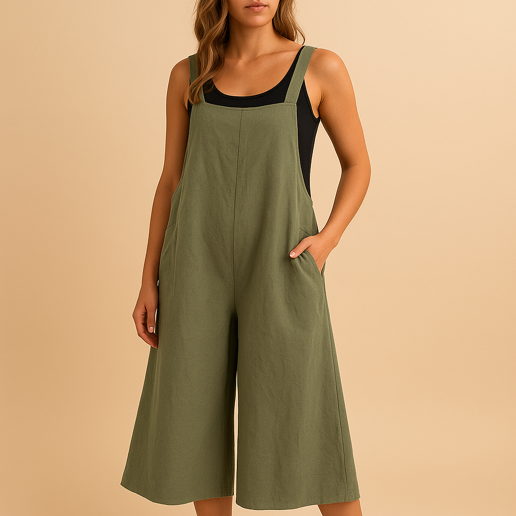 Cotton-linen wide-leg summer jumpsuit for women in relaxed fit, ideal for casual outings, lounging, and sunny days in style.