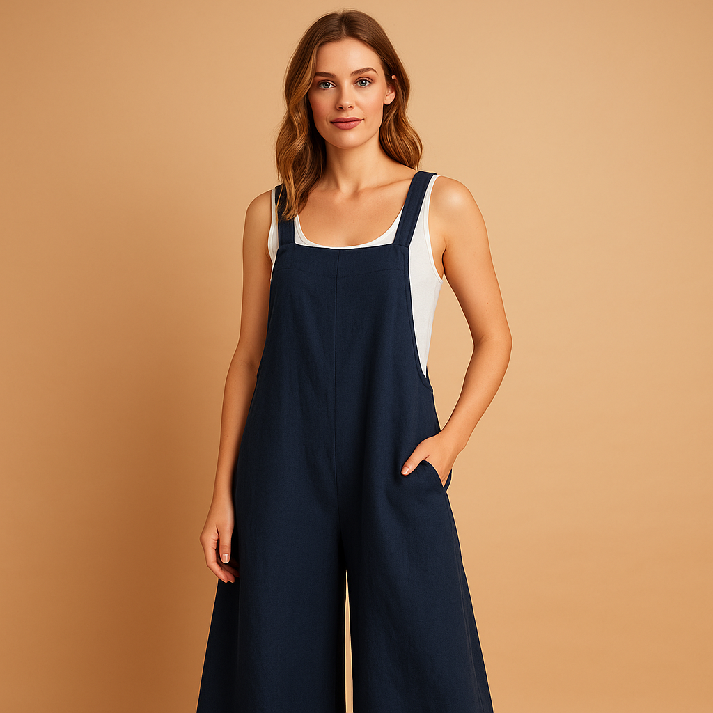 Cotton-linen wide-leg summer jumpsuit for women in relaxed fit, ideal for casual outings, lounging, and sunny days in style.