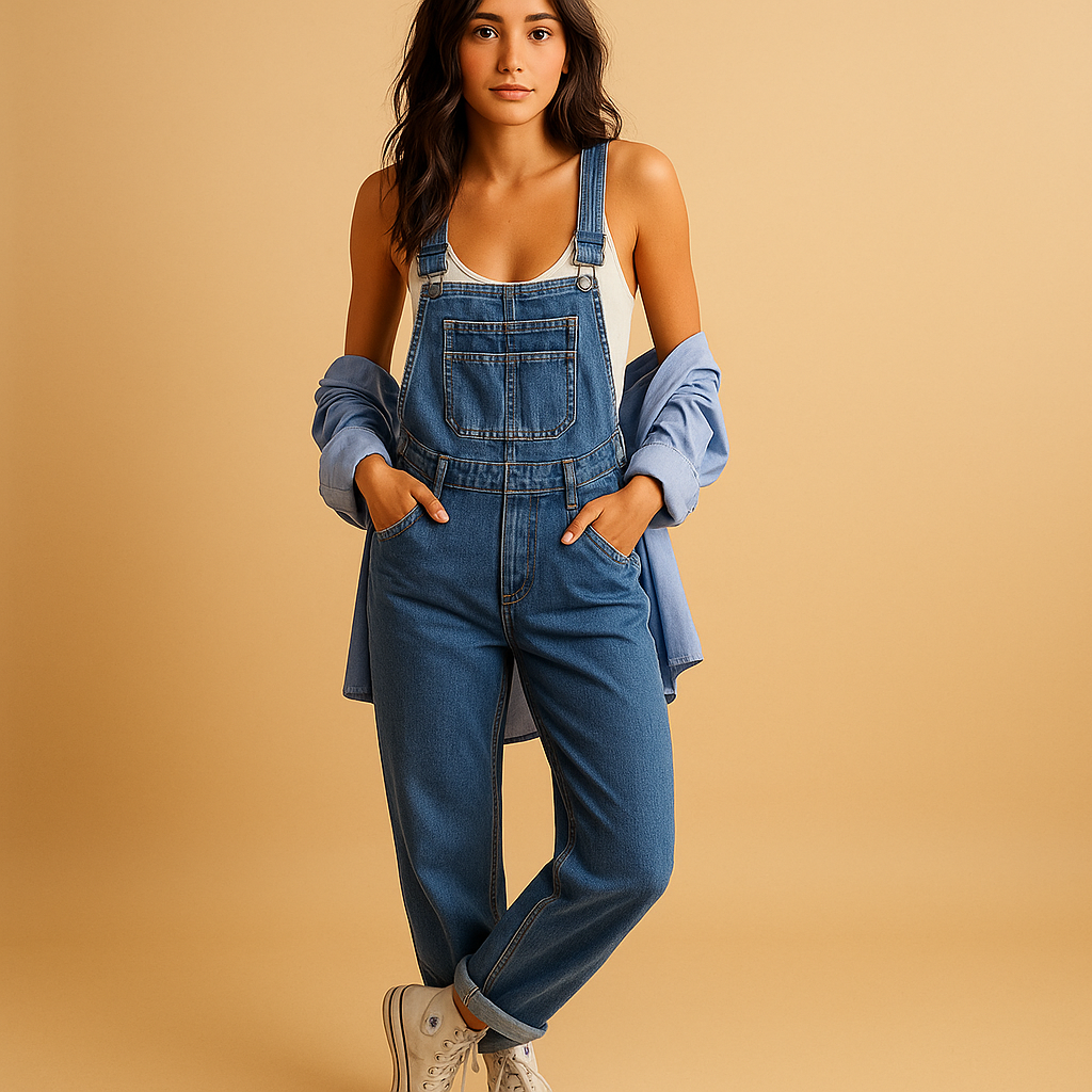 Denim dungaree for women with adjustable shoulder straps, relaxed fit, and classic design, perfect for everyday comfort and seasonal styling.