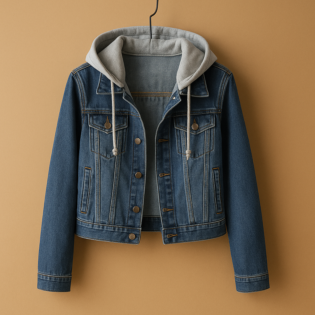 Women’s denim jacket with hood in light blue and dark blue, perfect for summer comfort and casual style