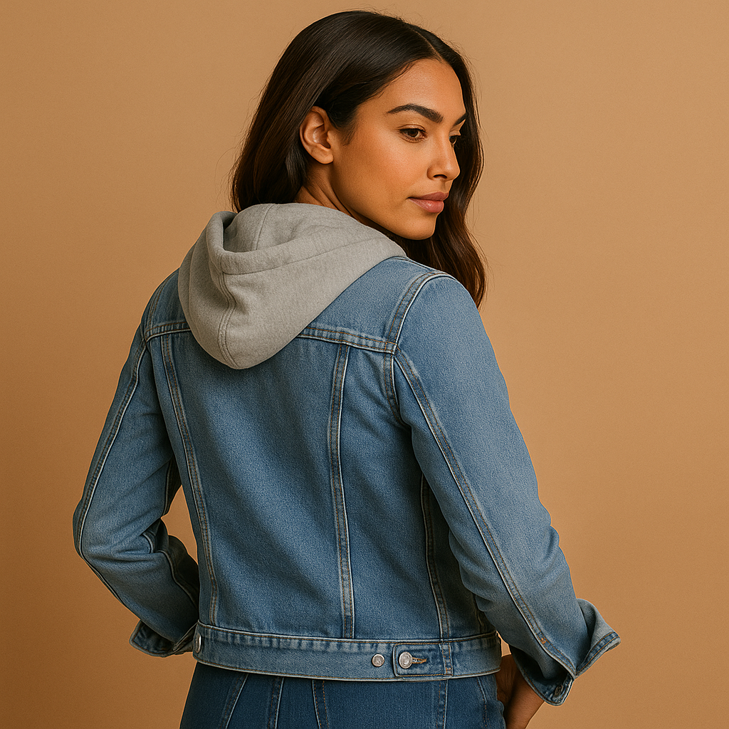 Women’s denim jacket with hood in light blue and dark blue, perfect for summer comfort and casual style