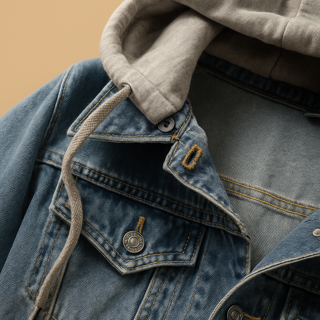 Women’s denim jacket with hood in light blue and dark blue, perfect for summer comfort and casual style