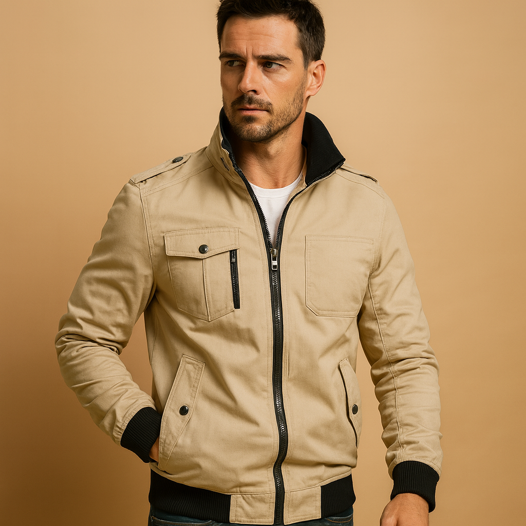 Men’s durable bomber jacket with tactical details, high collar, ribbed cuffs, and multiple pockets, perfect for everyday wear or outdoor activities.
