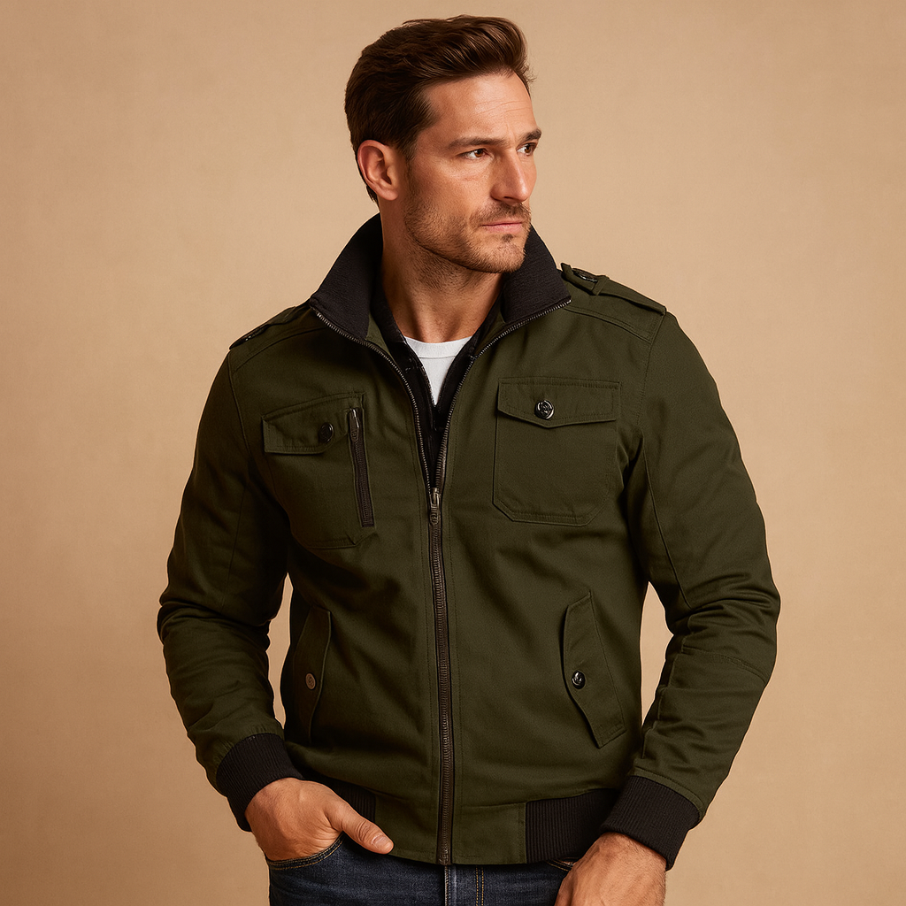 Men’s durable bomber jacket with tactical details, high collar, ribbed cuffs, and multiple pockets, perfect for everyday wear or outdoor activities.