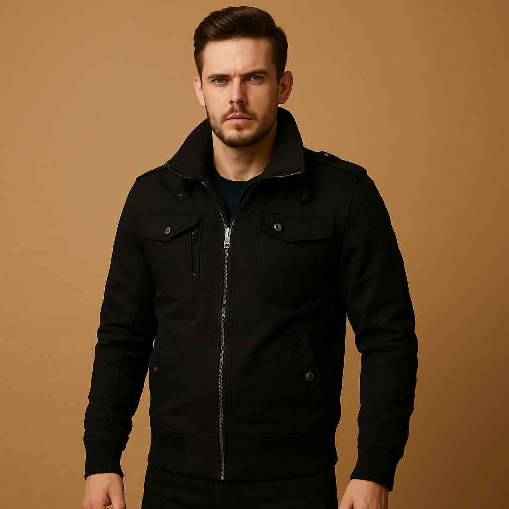 Men’s durable bomber jacket with tactical details, high collar, ribbed cuffs, and multiple pockets, perfect for everyday wear or outdoor activities.