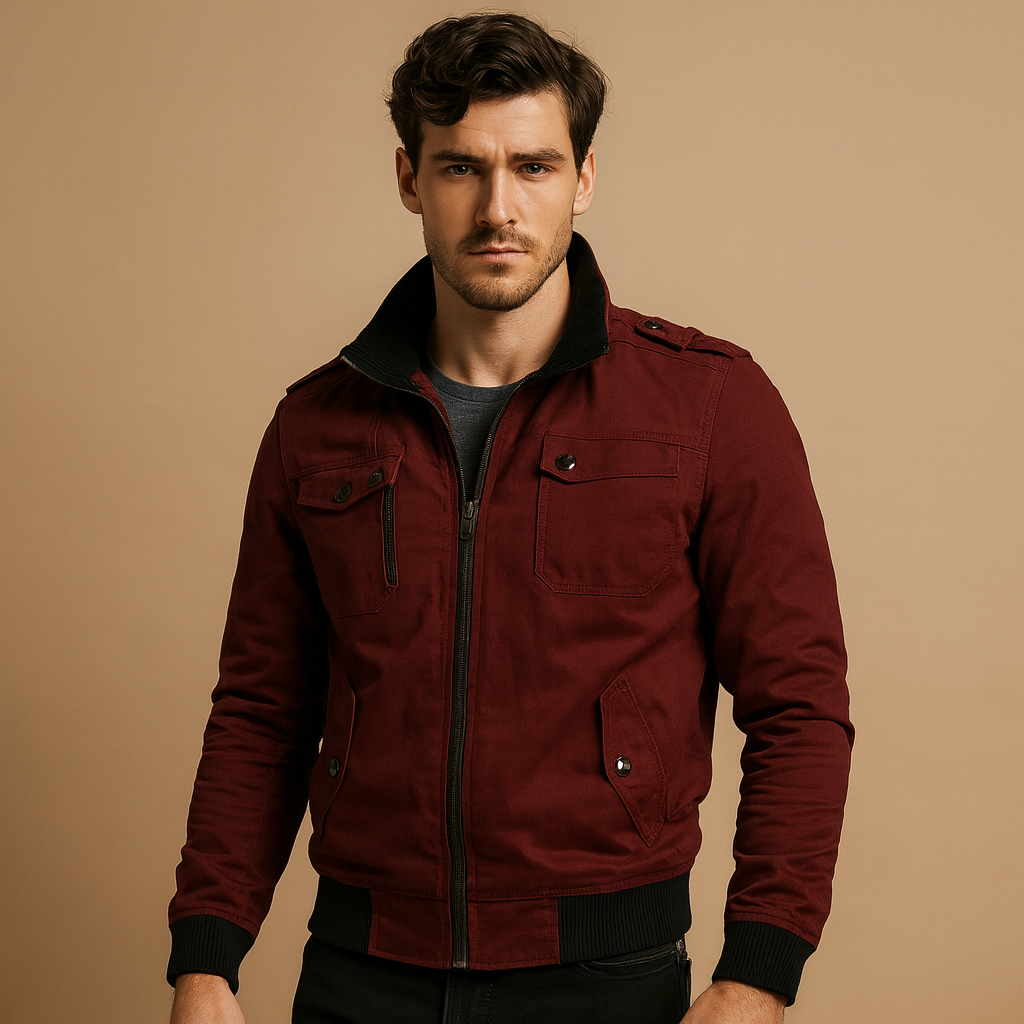 Men’s durable bomber jacket with tactical details, high collar, ribbed cuffs, and multiple pockets, perfect for everyday wear or outdoor activities.