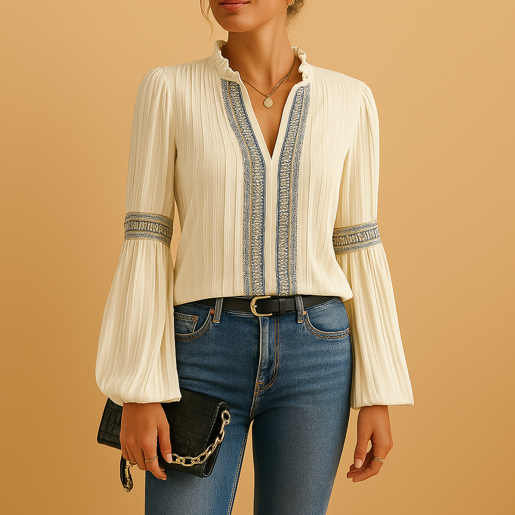 Elegant women’s blouse with lace patchwork and lantern sleeves, ideal for office outfits, evening occasions, or relaxed stylish days.
