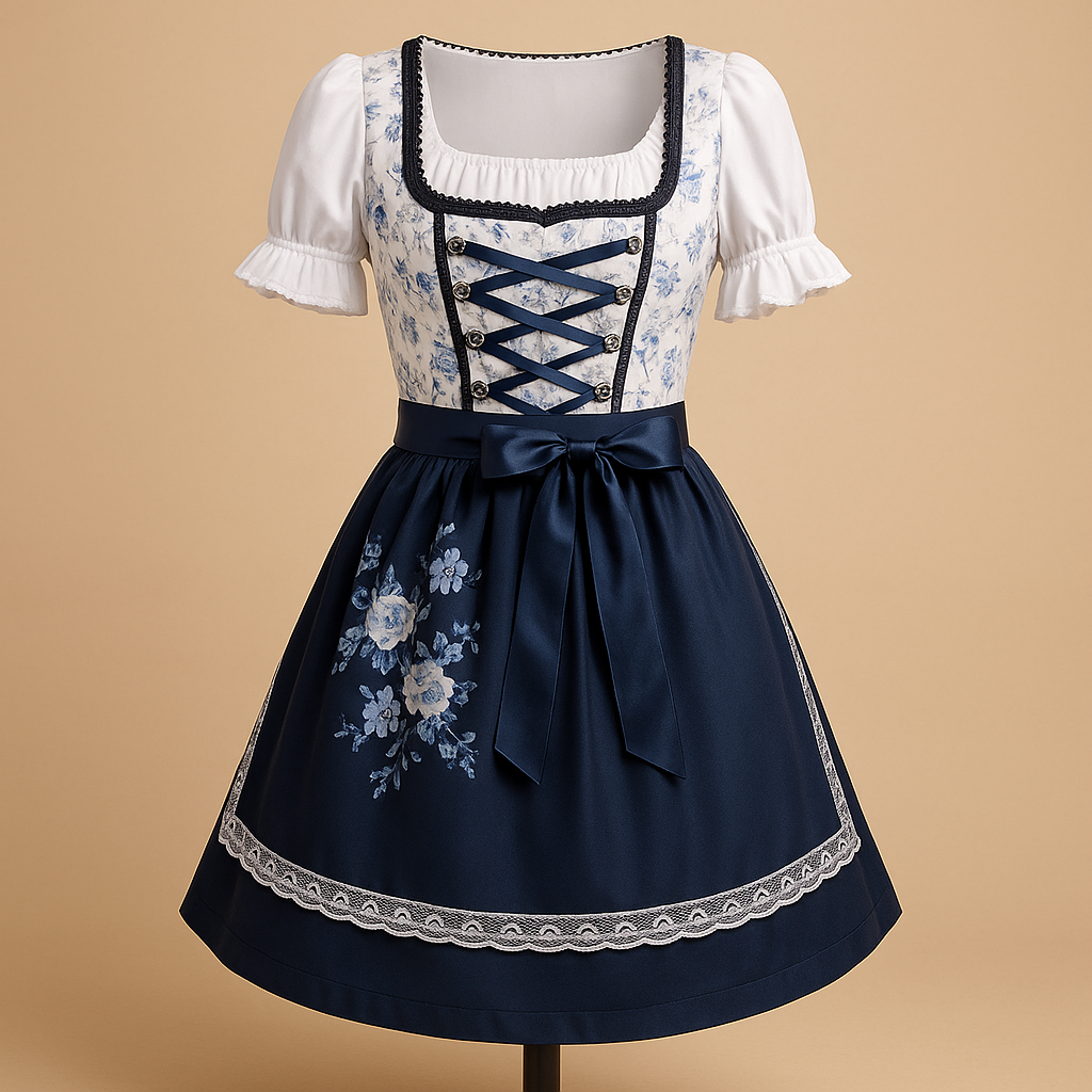 Elegant blue lace party dress for women with matching apron, designed for festive events and comfortable wear with refined detailing.