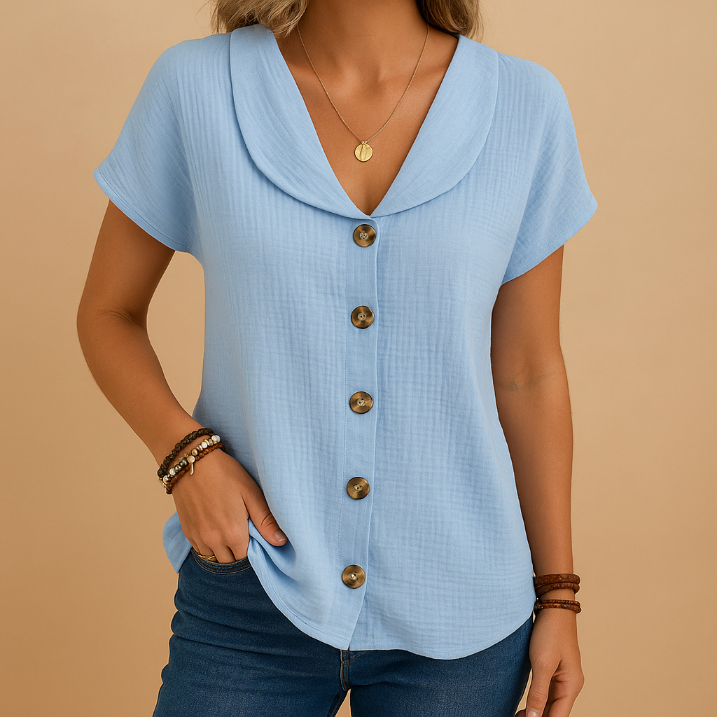Elegant blouse for women in white, blue, or pink with breathable cotton-linen fabric, perfect for semi-formal and casual outfits.