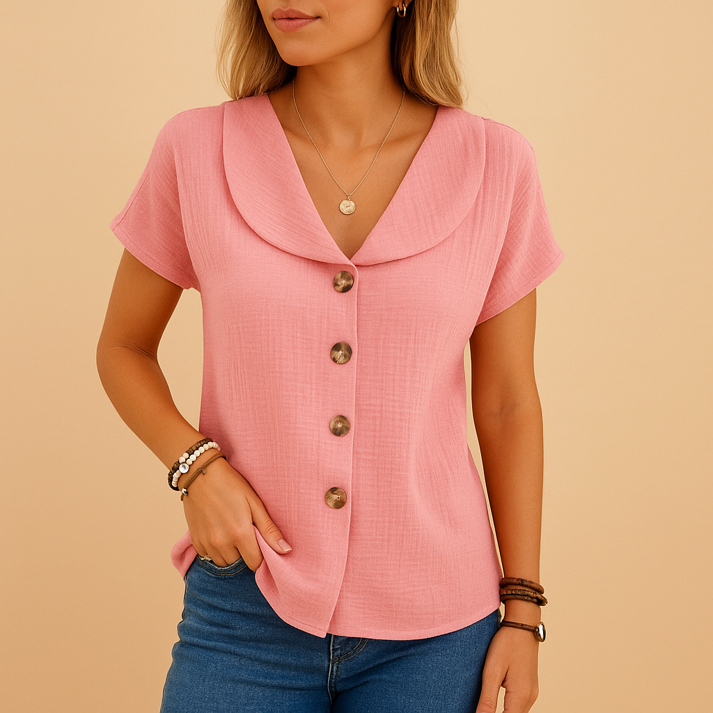 Elegant blouse for women in white, blue, or pink with breathable cotton-linen fabric, perfect for semi-formal and casual outfits.