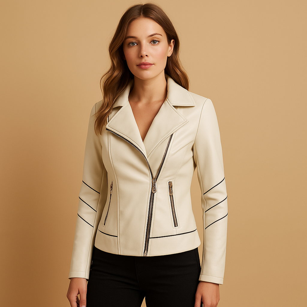 Elegant faux leather jacket for women with asymmetrical zip, lapel collar, and modern metal details, perfect for chic autumn and spring outfits.
