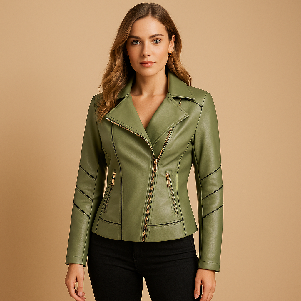 Elegant faux leather jacket for women with asymmetrical zip, lapel collar, and modern metal details, perfect for chic autumn and spring outfits.